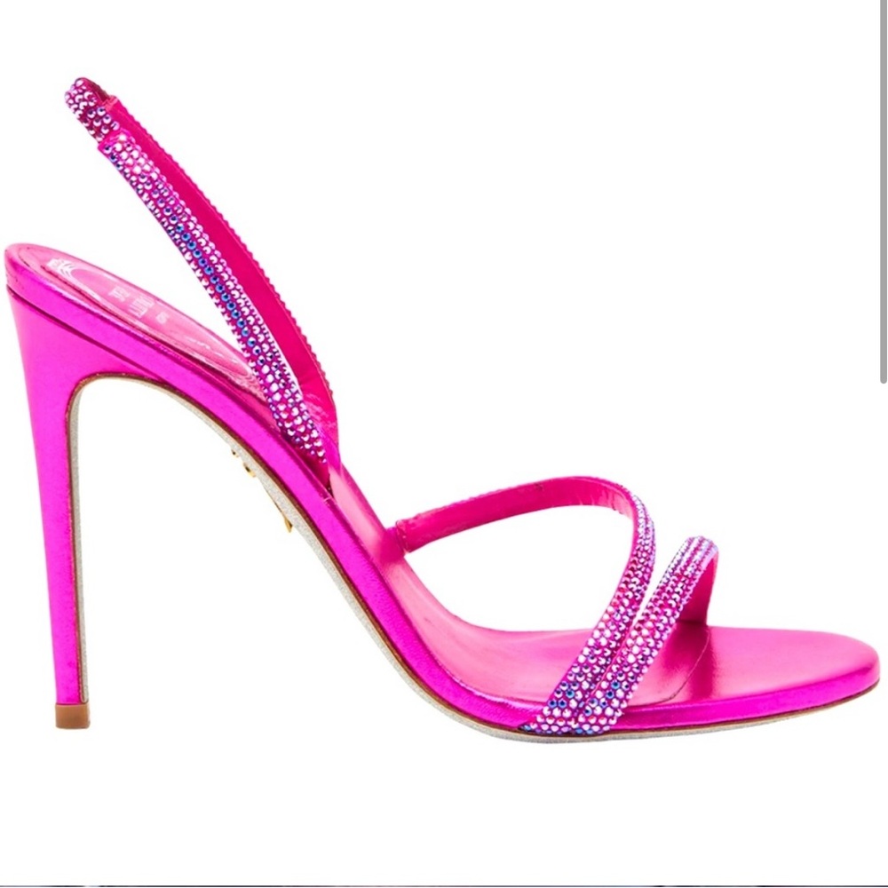 Rene Caovilla Hot Pink Satin Crystal-Embellished Strappy Heels - Picture 4 of 5